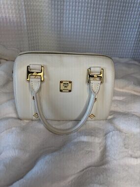 ✨ MCM White Leather Mini Boston Satchel – Gold Hardware ✨